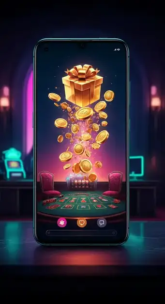 Un jugador feliz reclamando giros gratis y bonos de bienvenida en la plataforma de Spinmama Casino, con símbolos de monedas y fichas flotando